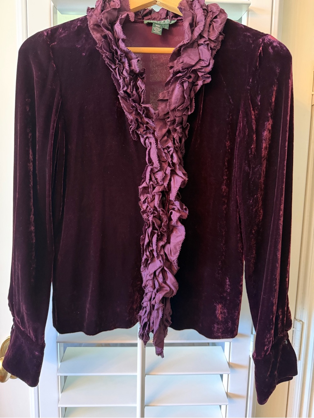 Ralph Lauren Silk Blend Plum Velvet Ruffled Open-Front Blouse